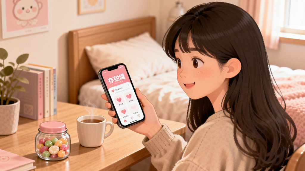 一张以“存甜罐”新手使用场景为主题的插画,画面中一位年轻女生坐在书桌前,手里拿着手机,手机屏幕上显示“存甜罐”的粉色界面,桌面上放着一个小巧的糖果罐和一杯热饮,背景是温馨的卧室,整体风格清新治愈,画质柔和清晰,画面中不要出现多余文字,突出轻松记录的氛围。