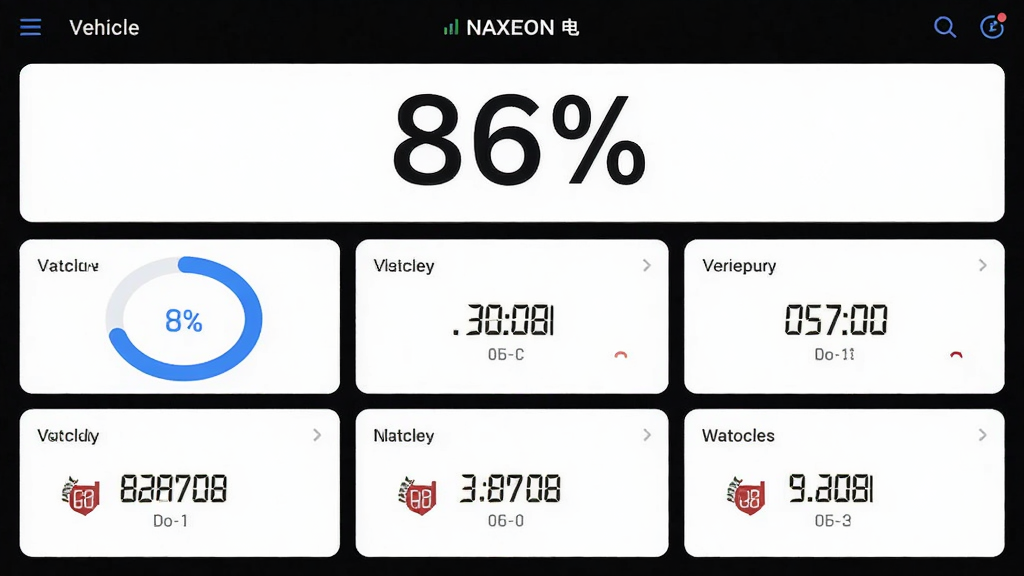 主体为NAXEON应用车辆状态页面,布局为上方大号电量百分比下方多宫格数据卡片,排版整齐,风格为现代扁平化,细节包含蓝色环形进度条、里程数字与胎压图标,画质高清干净无多余元素