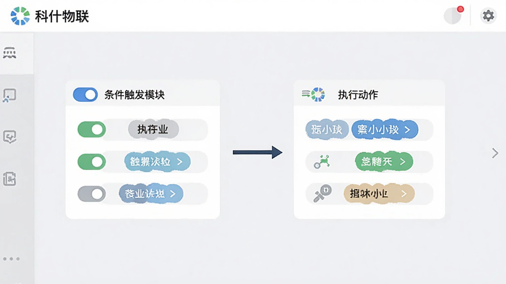 画面展示“科什物联”场景联动设置界面,屏幕中显示条件触发模块和执行动作模块,中间以箭头连接,背景为浅灰色极简风格,布局采用流程图式排版,风格清新直观,细节包含开关图标和条件标签,画质清晰干净,无多余元素