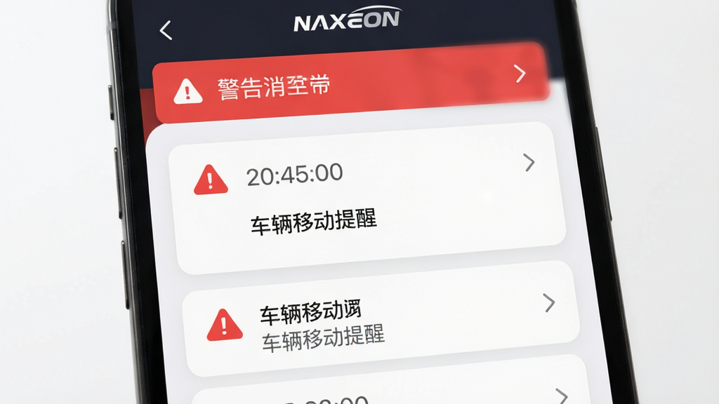 主体为NAXEON应用消息通知界面,布局为顶部告警横幅下方消息列表,排版简洁,风格为轻量卡片式,细节包含红色警示图标、时间戳与