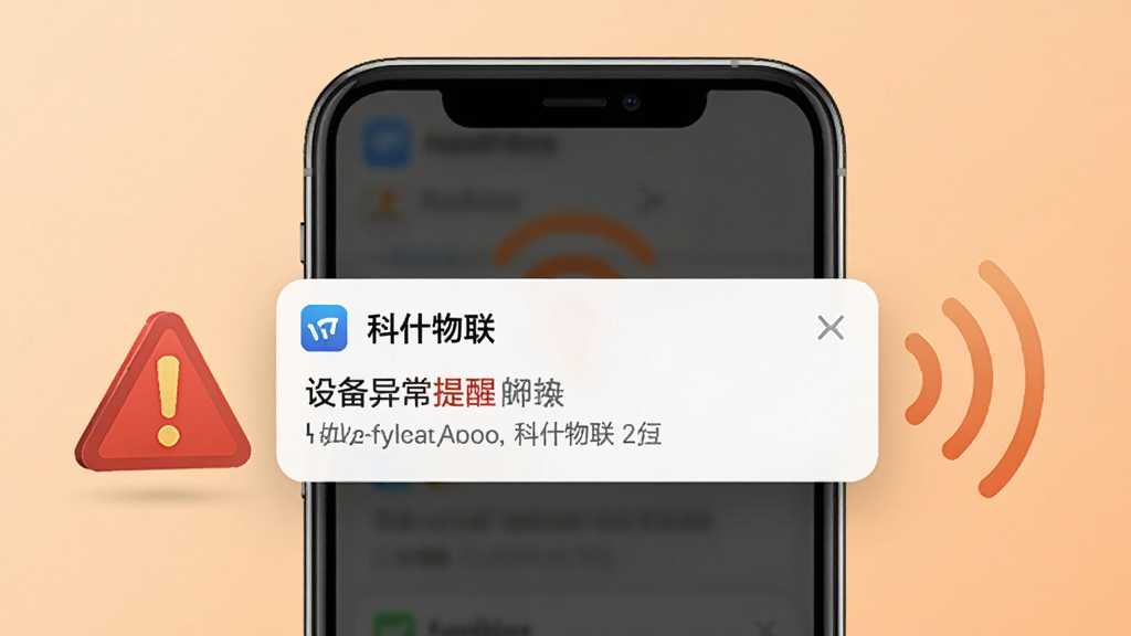 画面展示一部手机收到“科什物联”推送通知,通知内容显示设备异常提醒,手机旁边有警示图标和信号波纹,背景为浅橙色渐变风格,布局采用居中聚焦排版,风格醒目友好,细节包含通知横幅和手机边框,画质高清干净,无多余元素