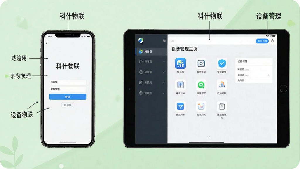 画面展示一部手机和一台平板并排摆放,手机屏幕显示“科什物联”登录界面,平板屏幕显示设备管理主页,背景为浅绿色清新风格,布局采用左右对比排版,风格简洁实用,细节包含应用图标和界面元素标注,画质高清干净,无多余元素