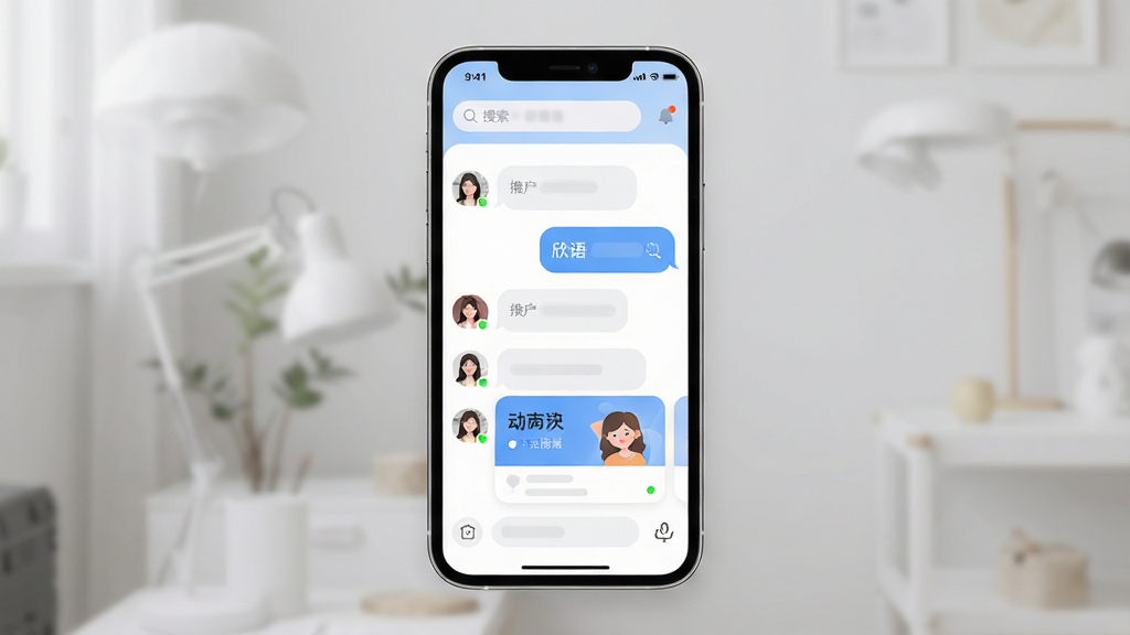 手机屏幕中央展示“欣语”应用界面,主体为聊天列表与好友头像,布局采用上下结构,顶部为搜索栏与消息通知,中部为对话气泡与动态卡片,排版简洁留白充足,风格为现代扁平化社交应用UI,细节包括柔和的蓝白配色、圆角图标、在线状态圆点,画质高清,干净,无多余元素