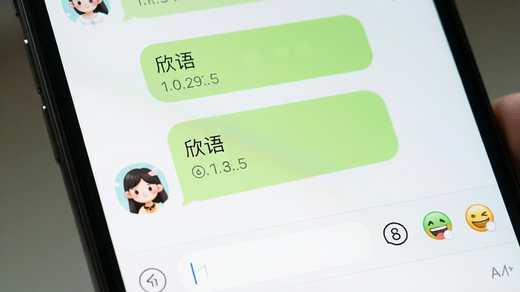 手机聊天界面特写,主体为“欣语”对话气泡与输入框,布局为居中纵向排列,排版左侧头像右侧消息,风格清新浅色系,细节包括已读回执、时间戳、表情面板,画质清晰,干净,无多余元素