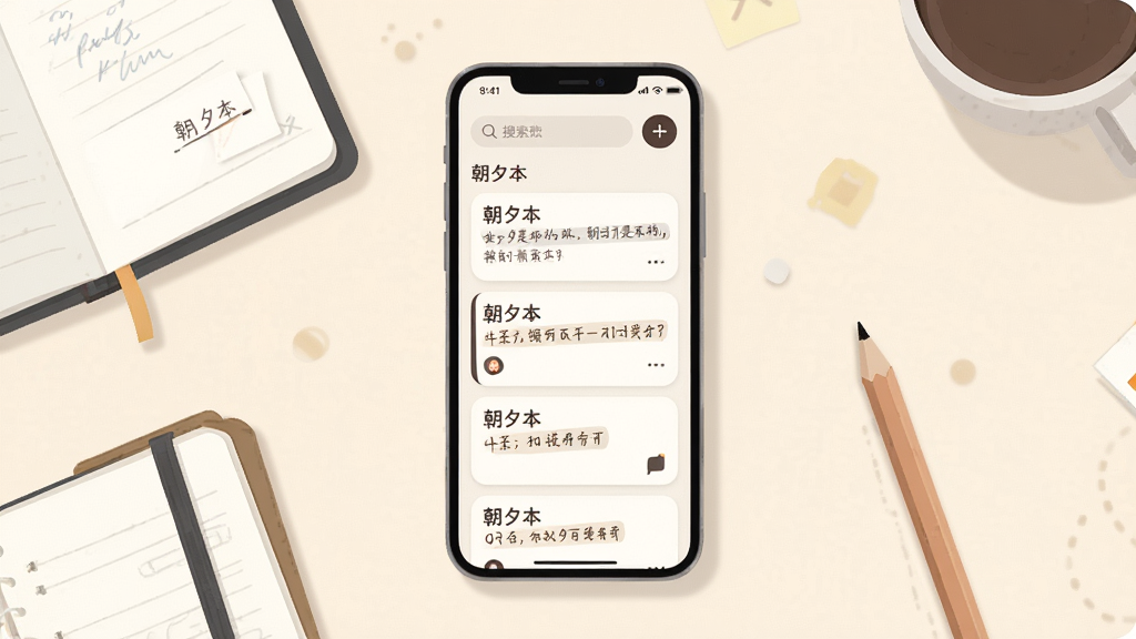 一张展示朝夕本手机应用界面的场景图,画面中央是一部竖屏智能手机,屏幕内显示朝夕本的记事列表页面,浅色背景上有若干条文本便签卡片,顶部有搜索栏和新建按钮,手机周围散落着笔记本和铅笔,整体布局简洁明快,采用扁平化插画风格,细节包括柔和阴影和圆角图标,画质清晰干净,无多余元素,画面中文字标注“朝夕本”