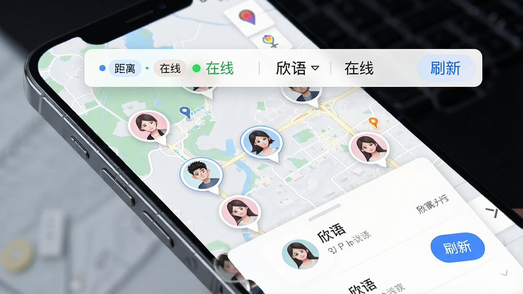 手机地图与用户头像分布界面,主体为“欣语”附近功能,布局为地图底图加圆形头像标记,排版上方筛选栏下方列表,风格简约科技感,细节包括距离标签、在线状态、刷新按钮,画质高清,干净,无多余元素