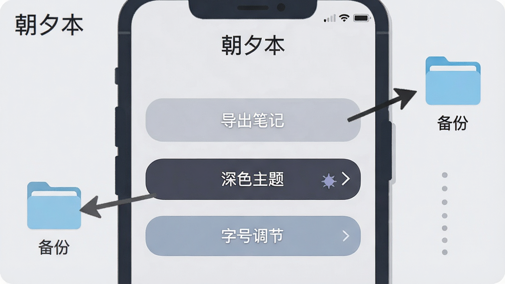 一张手机屏幕截图风格的插画,展示朝夕本的设置页面,画面中有“导出笔记”“深色主题”“字号调节”等选项按钮,背景为浅灰色,手机周围有箭头指向“备份”文件夹图标,风格为扁平化UI示意图,细节清晰,画质干净,画面中标注“朝夕本”文字