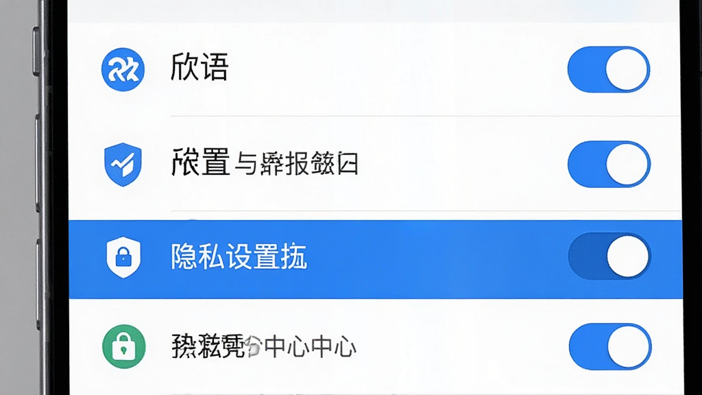 手机安全中心界面,主体为“欣语”隐私设置与举报入口,布局为列表式菜单,排版左侧图标右侧文字,风格干净商务,细节包括开关按钮、盾牌图标、蓝色高亮,画质高清,干净,无多余元素