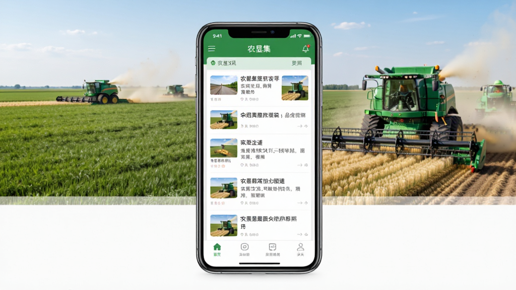 农垦集软件主界面展示,画面中央放置一部智能手机,手机屏幕上显示农垦集APP首页,包含资讯列表和底部导航栏,背景为广阔农田与现代化农机作业场景,整体布局简洁明了,排版突出手机主体,风格写实清新,细节丰富,画质高清,画面干净,无多余元素