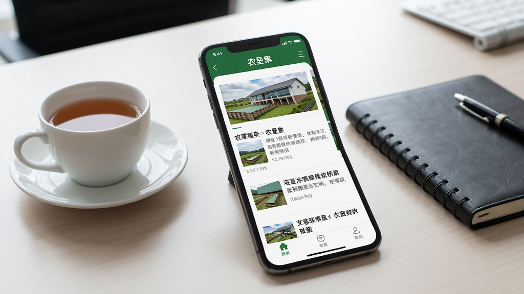 农垦集资讯页面展示,手机屏幕中呈现农垦集APP的新闻列表界面,标题文字清晰可见,背景为简洁的办公桌面,旁边放着一杯茶和笔记本,布局以手机为中心,风格商务简约,细节精致,画质清晰,画面干净,无多余元素