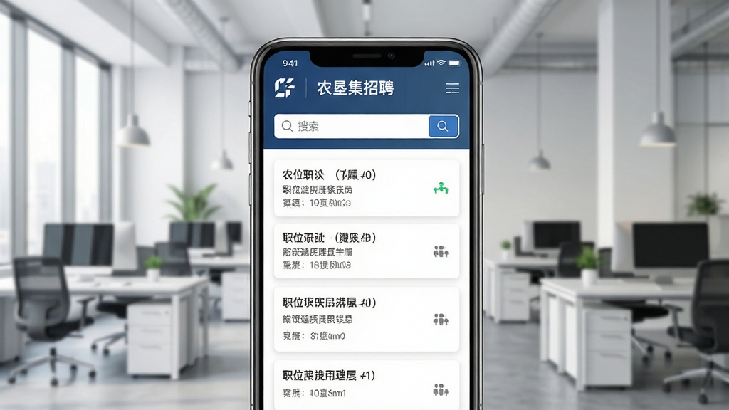 农垦集招聘页面展示,手机屏幕中显示职位列表和搜索框,背景为现代办公环境,布局简洁,风格专业商务,细节清晰,画质高清,画面干净,无多余元素