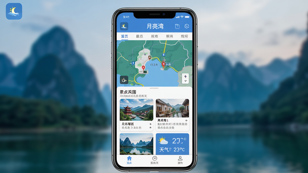 主体是一个智能手机屏幕,屏幕上显示着月亮湾APP的首页界面,包含月亮湾风景区的地图、景点列表和天气信息。布局为手机居中放置,背景是模糊的山水风景。排版清晰,风格为现代扁平化设计,细节包括APP图标、导航栏和图文卡片。画质高清,干净,无多余元素,图片中打文字“月亮湾”。