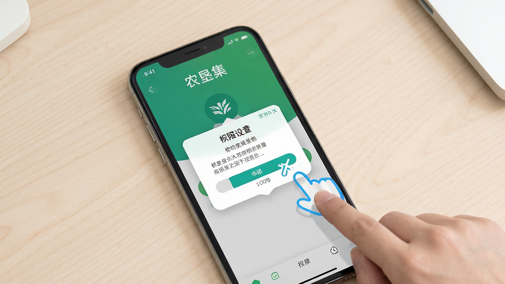 农垦集移动端操作指引图,画面展示一部手机正在安装农垦集APP,屏幕上有权限设置弹窗,旁边有手指点击的示意动作,背景为简洁的浅色桌面,布局直观,风格教程类图解,细节清晰,画质高清,画面干净,无多余元素