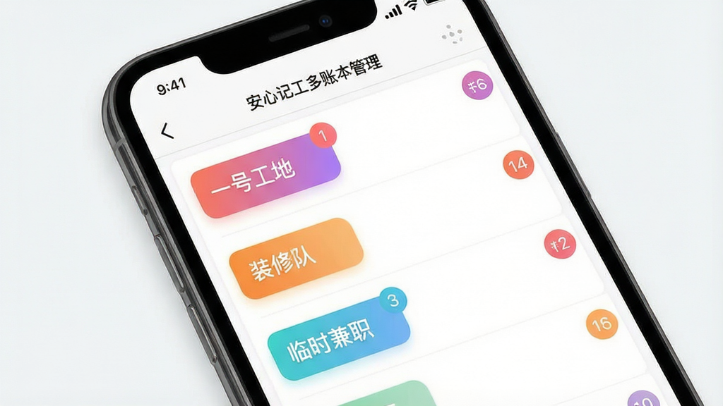 一张展示安心记工多账本管理界面的图片,画面中手机屏幕上显示着多个彩色标签的账本列表,每个账本名称如“一号工地”“装修队”“临时兼职”等,布局为手机应用截图风格,背景为简洁的浅色,细节包括账本标签的渐变色彩和数字角标,画质高清,干净,无多余元素