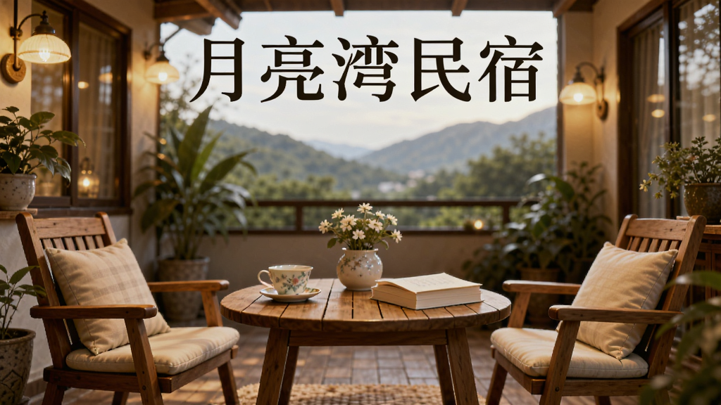 主体是月亮湾民宿的庭院场景,画面中有木质桌椅、绿植和温暖的灯光。布局为居中构图,排版上方显示“月亮湾民宿”文字。风格为温馨写实风,细节包括茶杯、书籍和窗外山景。画质高清,干净,无多余元素。