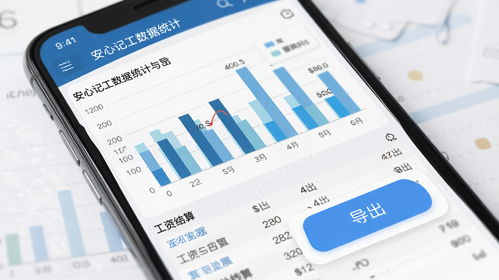 一张展示安心记工数据统计与导出功能的图片,画面中手机屏幕上显示着柱状图和工资结算列表,旁边有一个导出按钮,布局为手机界面特写,风格商务简洁,细节包括图表上的数字和“导出”文字,画质高清,干净,无多余元素