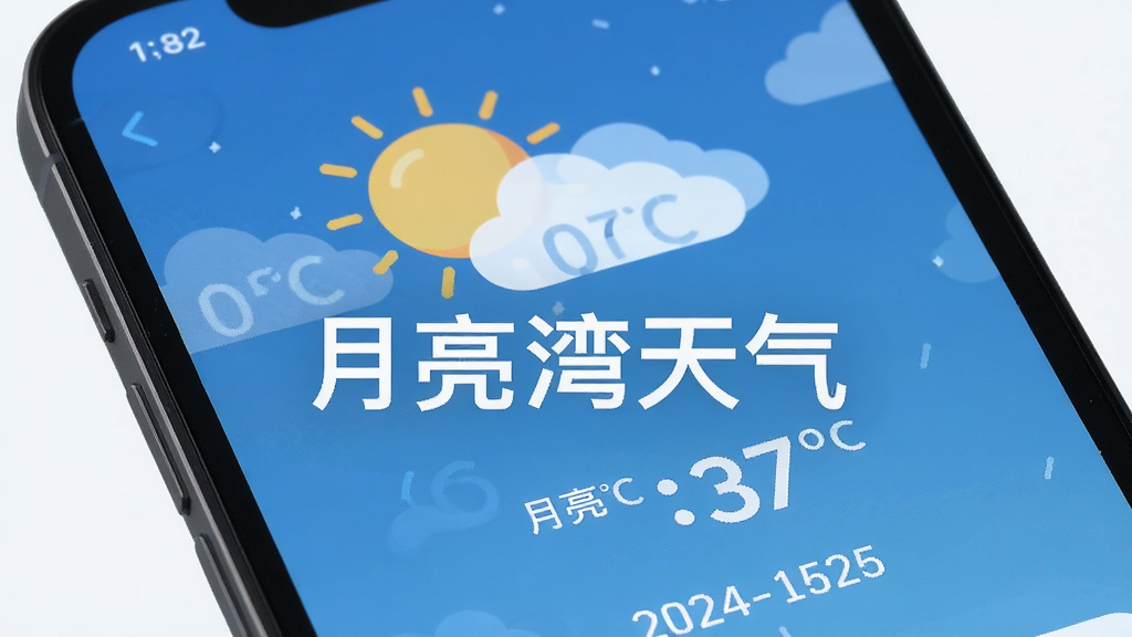 主体是手机屏幕显示月亮湾天气界面,画面中有太阳、云朵和温度数字。布局为手机特写,排版简洁。风格为扁平化图标设计,细节包括天气图标和日期。画质高清,干净,无多余元素,图片中打文字“月亮湾天气”。