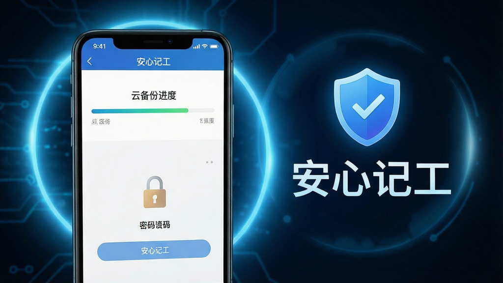 一张展示安心记工数据备份与安全设置的图片,画面中手机屏幕显示着云备份进度条和密码锁设置界面,布局为手机应用截图,背景带有科技感的淡蓝色光晕,细节包括盾牌图标和“安心记工”文字,画质高清,干净,无多余元素