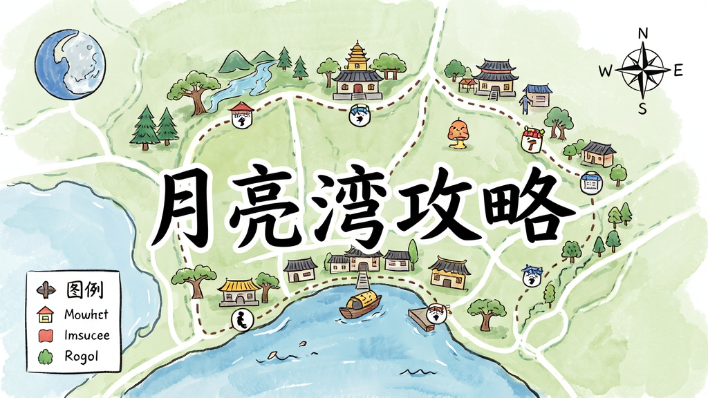 主体是一张月亮湾风景区的手绘地图,地图上标注了主要景点和路线。布局为全屏地图样式,排版有图例和方向标。风格为手绘插画风,细节包括小图标和虚线路径。画质高清,干净,无多余元素,图片中打文字“月亮湾攻略”。
