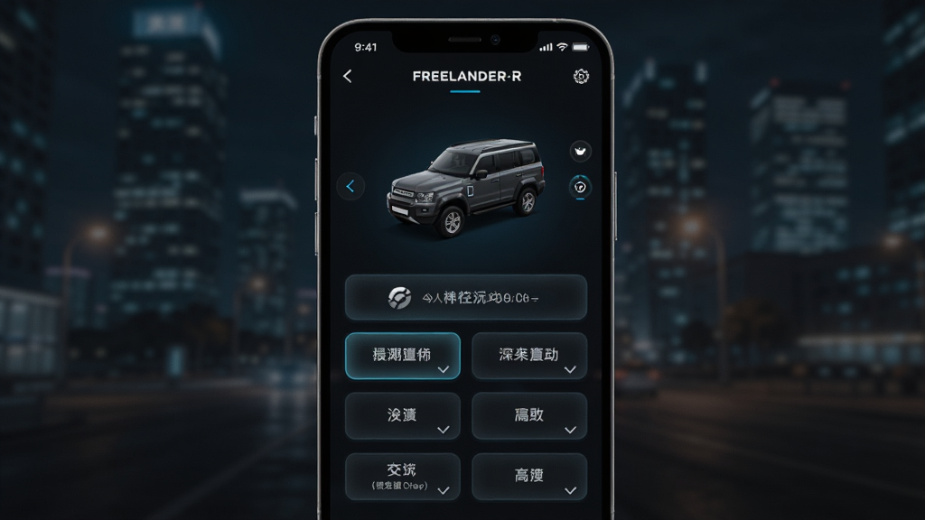 一部手机显示着FREELANDER神行者APP的远程控车界面,界面上有车辆模型和多个控制按钮;布局为手机竖屏居中,背景为模糊的城市夜景;排版突出控车按钮区域;风格为科技感夜间模式;细节强调屏幕的发光效果与按钮的立体感;画质高清,画面干净无多余元素。