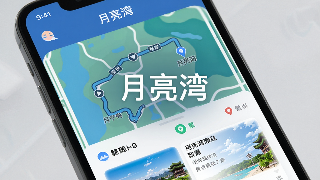主体是手机屏幕显示月亮湾APP的攻略页面,画面中有路线图和景点列表。布局为手机竖屏特写,排版清晰。风格为现代UI设计,细节包括图标和文字。画质高清,干净,无多余元素,图片中打文字“月亮湾”。