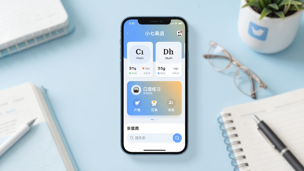 小七英语应用主界面全景展示,主体为一部智能手机竖屏放置于画面中央,屏幕上显示小七英语APP的首页界面,包含单词卡片、口语练习入口和翻译搜索框,布局清晰层次分明,排版采用上下结构,风格为现代简约扁平化设计,细节上屏幕有柔和的渐变光影,背景为淡蓝色学习场景桌面,画质高清干净,无多余元素