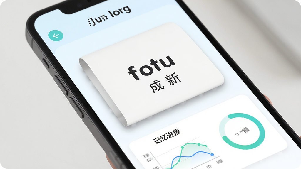 小七英语单词记忆功能界面展示,主体为手机屏幕特写,屏幕上呈现单词卡片翻转动画效果,布局为卡片居中四周留白,排版上单词英文在上中文释义在下,风格为清新学习风,细节包含记忆曲线图表和进度环,画质高清干净,无多余元素