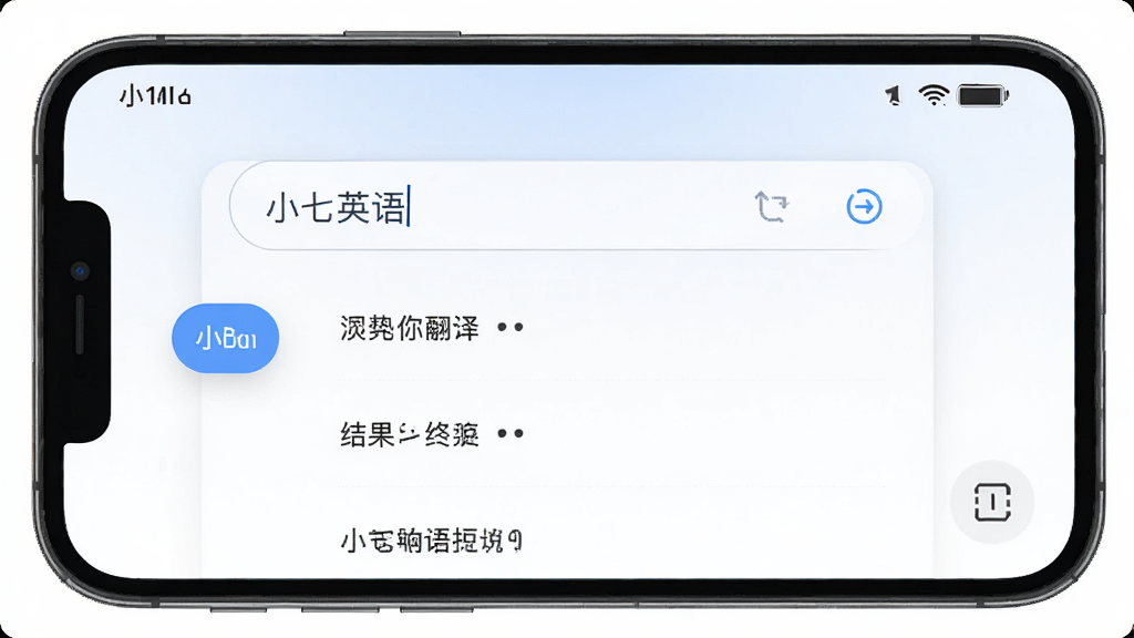 小七英语翻译查询功能界面,主体为手机屏幕展示翻译输入框和结果区域,布局为上方输入下方结果列表,排版清晰,风格为工具类简洁风,细节包含语言切换按钮和历史记录图标,画质高清干净,无多余元素