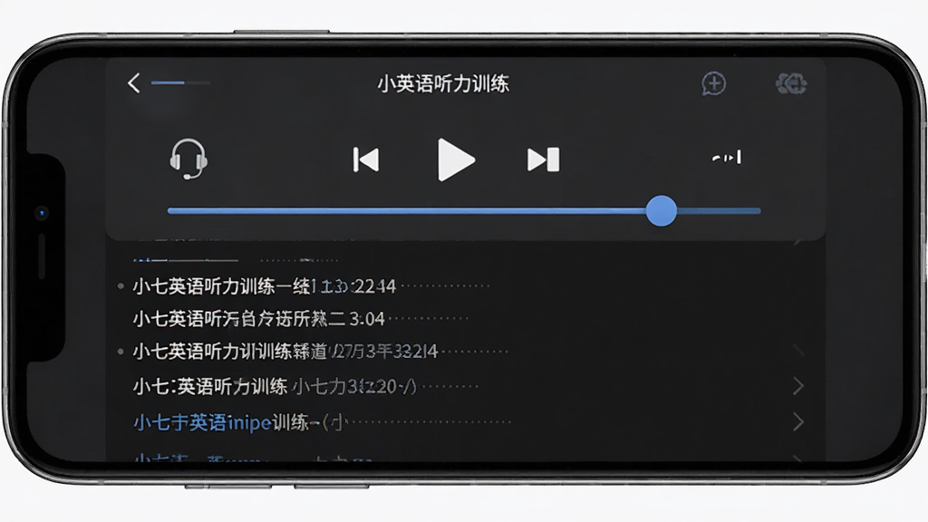 小七英语听力训练界面,主体为手机屏幕显示音频播放器和字幕列表,布局为上方播放控制下方字幕滚动,排版规整,风格为音频播放器风格,细节包含耳机图标和语速调节滑块,画质高清干净,无多余元素