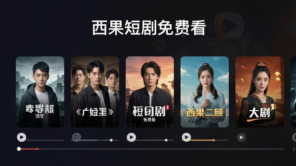 手机竖屏界面展示短剧播放列表,顶部有“西果短剧免费看”文字标题,画面主体为多部短剧封面海报横向排列,背景为深色渐变,布局简洁,风格现代扁平化,细节包含播放按钮和进度条,画质清晰,干净,无多余元素