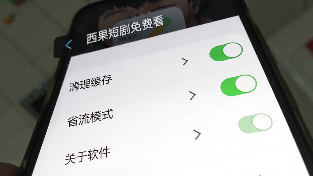手机屏幕显示“西果短剧免费看”设置页面,画面中有“清理缓存”“省流模式”“关于软件”等选项,背景白色,风格极简,细节有开关按钮和箭头图标,画质清晰,干净,无多余元素
