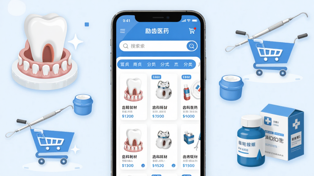 手机屏幕中展示“励齿医药”APP商城首页界面,画面中央是齿科耗材商品列表和分类导航栏,周围环绕牙齿模型、牙科器械、购物车图标和药品包装盒等元素,整体采用蓝白医疗风格配色,布局清晰层次分明,风格为扁平化科技插画,细节包括商品缩略图、价格标签和搜索框,画质高清,干净整洁,无多余元素