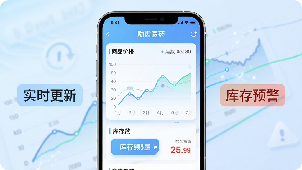 画面展示“励齿医药”APP的价格查询界面,屏幕中央是商品价格走势图和库存数量标签,左右两侧分别有“实时更新”和“库存预警”的文字标识,背景为淡蓝色渐变,布局为手机界面居中、数据图表环绕,风格为科技感数据可视化,细节包括数字清晰、图表简洁,画质高清,干净整洁,无多余元素