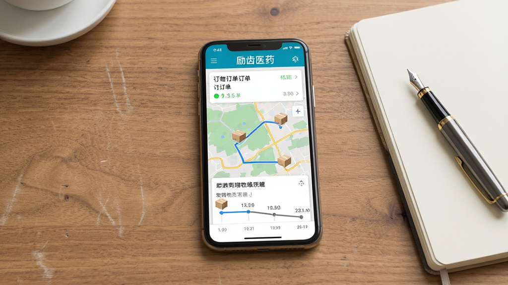 一部智能手机平放在木质桌面上,屏幕显示“励齿医药”APP的订单列表和物流追踪地图,地图上有配送路线和包裹图标,手机旁边放着笔记本和钢笔,布局为手机居中、桌面物品自然摆放,风格为简约商务静物摄影,细节包括屏幕上的订单状态文字和物流时间轴,画质高清,干净整洁,无多余元素