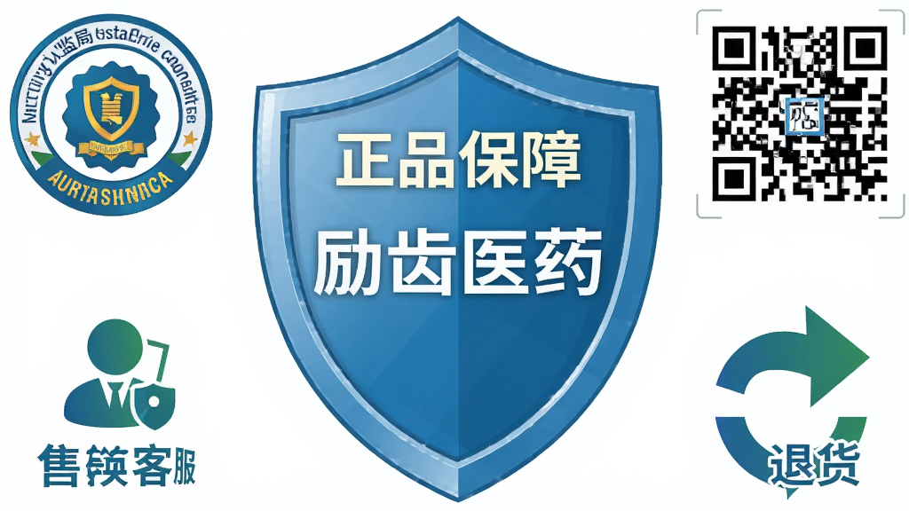 画面中央是一个盾牌形状的“正品保障”图标,盾牌内写着“励齿医药”字样,盾牌周围环绕着药监局认证标志、防伪二维码、售后客服图标和退换货箭头,布局为盾牌居中、认证标识环绕,风格为扁平化安全认证插画,细节包括认证标志的清晰线条和盾牌的光泽质感,画质高清,干净整洁,无多余元素