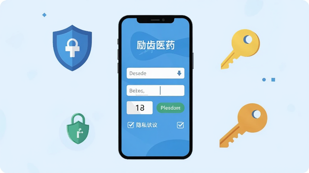 手机屏幕显示“励齿医药”APP的注册登录界面,屏幕旁边有盾牌和钥匙图标表示安全提示,背景为淡蓝色,布局为手机居中、安全图标环绕,风格为扁平化安全引导插画,细节包括输入框、验证码按钮和隐私协议勾选框,画质高清,干净整洁,无多余元素