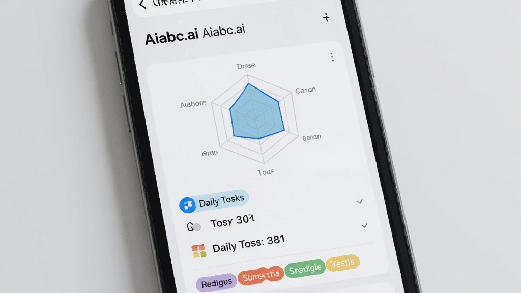 一张AI英语学习场景图,画面主体为手机屏幕显示“Aiabc.ai”个性化学习路径界面,包含水平雷达图、每日任务列表和智能推荐标签,布局居中,风格科技感与教育感结合,浅色背景,细节干净,画质清晰