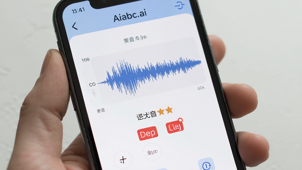 一张手机展示口语跟读评测界面的图片,屏幕中“Aiabc.ai”应用显示波形对比、发音评分和红色标记的错误音节,主体为手持手机的特写,布局简洁,风格清新,细节清晰,画质干净