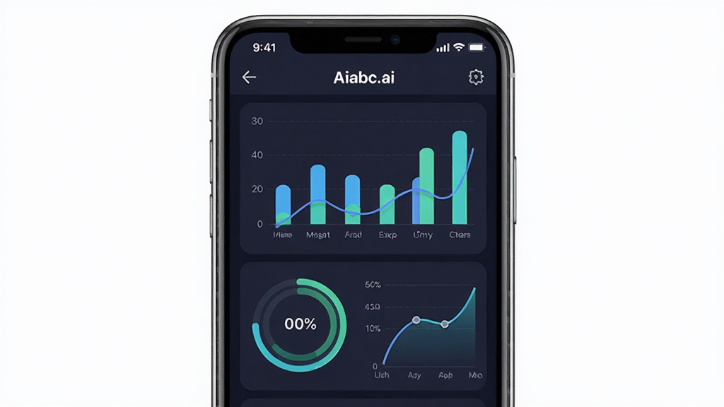 一张展示学习数据统计界面的图片,手机屏幕中“Aiabc.ai”应用显示柱状图、环形进度和趋势曲线,主体为手机正面,布局对称,风格现代,细节清晰,画质干净