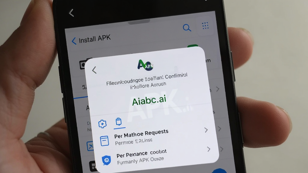 一张展示手机安装APK文件界面的图片,屏幕中显示“Aiabc.ai”安装确认弹窗和权限请求列表,主体为手持手机,布局简洁,风格写实,细节清晰,画质干净