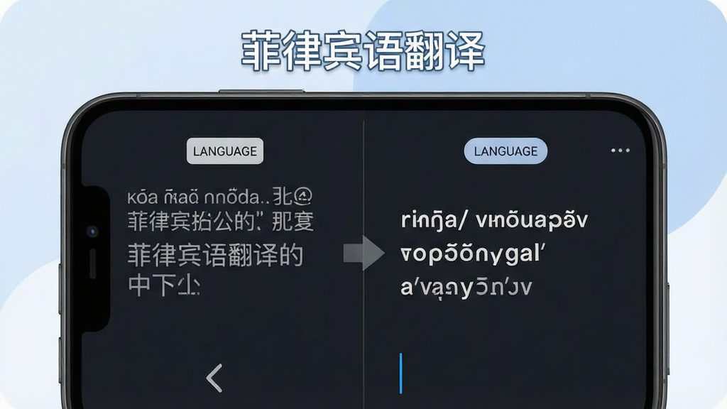 一张以菲律宾语翻译为主题的功能展示图,画面主体为手机屏幕中呈现中文与菲律宾语双向翻译结果对比,左侧为中文输入内容,右侧为菲律宾语译文,屏幕上方有软件名称“菲律宾语翻译”文字标识,背景为柔和的蓝白配色,布局为左右分栏式信息展示,风格为现代简约UI设计,细节包含翻译箭头、语言标签和输入光标,画质清晰,干净,无多余元素