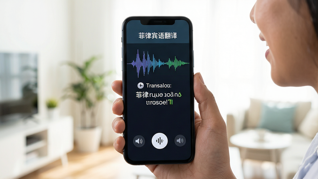 一张展示菲律宾语翻译语音输入功能的场景图,画面中一位用户手持手机对着麦克风说话,手机屏幕显示语音波形和翻译结果,屏幕内包含软件名称“菲律宾语翻译”标识,背景为明亮的室内环境,布局以手机为中心,风格为写实科技感,细节包含语音输入按钮、翻译文本和朗读图标,画质高清,干净,无多余元素