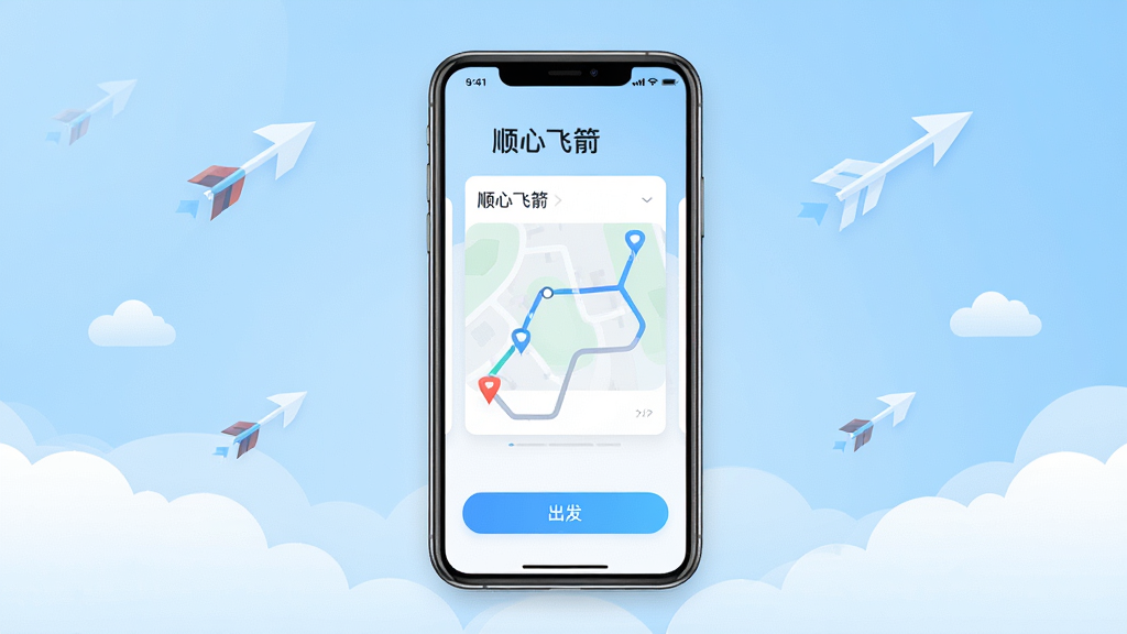 一张展示“顺心飞箭”应用主界面的手机预览图,画面中央是手机屏幕,屏幕上显示简洁的路线卡片和出发按钮,背景为浅蓝色渐变,点缀飞箭图标与云朵元素,布局居中对称,风格清爽现代,细节清晰,画质干净,无多余元素