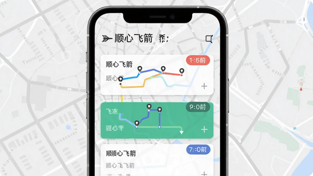 一张展示“顺心飞箭”智能路线速览功能的界面图,画面主体为手机屏幕,屏幕内显示多条彩色路线卡片与时间标签,背景有淡灰色地图纹理,布局上下排列,风格简约扁平,细节清晰,画质干净,无多余元素