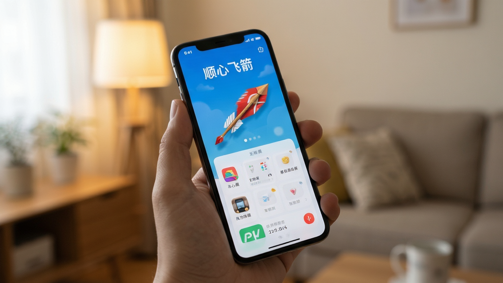 一张展示“顺心飞箭”在手机上运行流畅的实拍风格图,画面为手持手机,屏幕显示应用主界面,背景为室内柔和光线,布局自然,风格生活化,细节清晰,画质干净,无多余元素