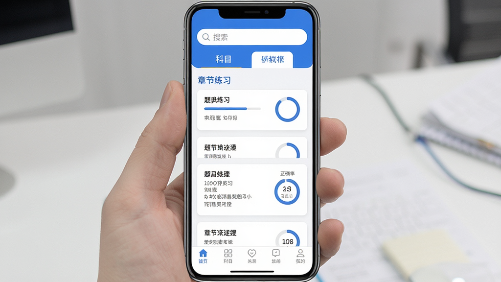 手机屏幕中展示着人力资源师真题库应用主界面,顶部是搜索框与科目切换标签,中部是章节练习卡片列表,底部导航栏清晰,整体采用蓝白配色,风格简洁商务,细节包含题目进度条与正确率圆环,画质清晰干净,无多余元素