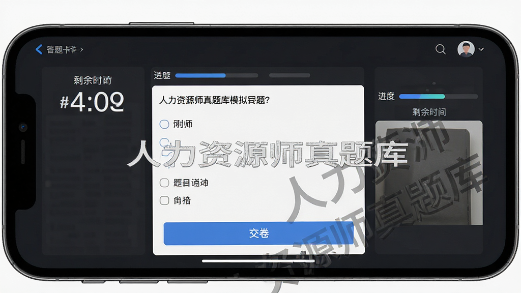 人力资源师真题库模拟考试界面,手机横屏显示倒计时与答题卡,题目区域清晰展示选择题题干与选项,底部有交卷按钮,背景为深色护眼模式,画面中带有“人力资源师真题库”水印,风格专业严谨,细节有进度条与剩余时间提示,画质干净无多余元素