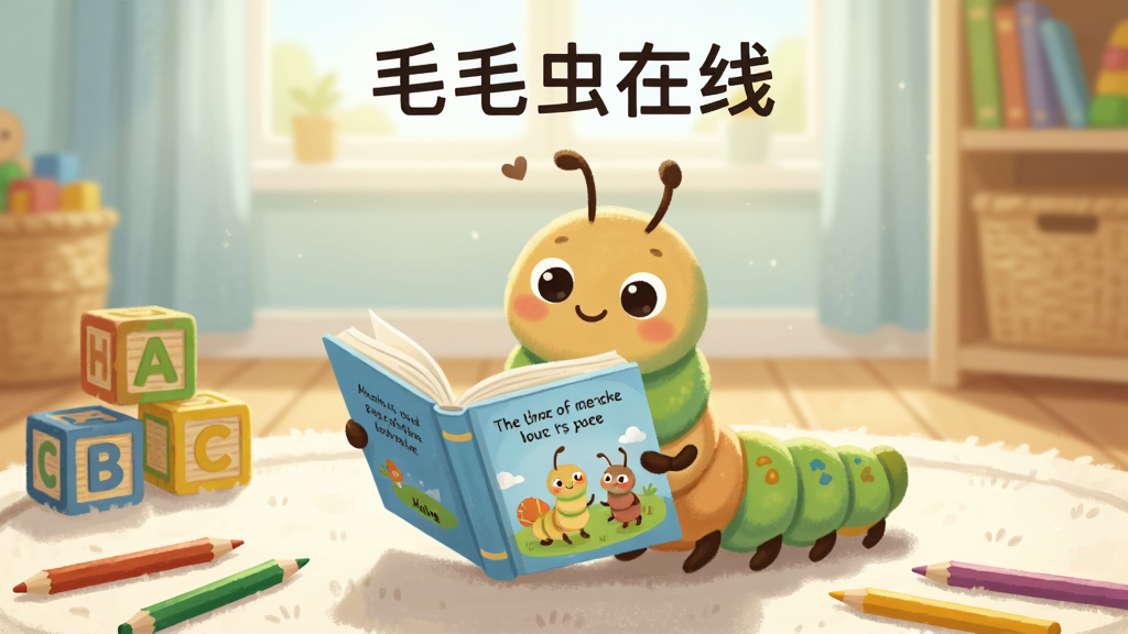 一只可爱的卡通毛毛虫抱着一本打开的英文绘本,坐在明亮的儿童书房地毯上,周围散落着字母积木和彩色铅笔,画面中央上方有
