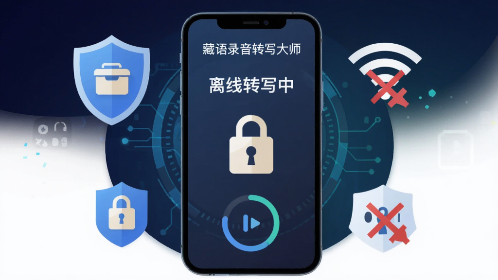 画面主体为“藏语录音转写大师”软件在离线状态下工作的场景,手机屏幕显示“离线转写中”字样和锁形安全图标,周围有盾牌和WiFi关闭的符号,背景为深色科技感渐变,布局为居中构图,风格为安全防护主题扁平插画,细节包含本地存储图标、加密标识、进度环,画质清晰干净,无多余元素