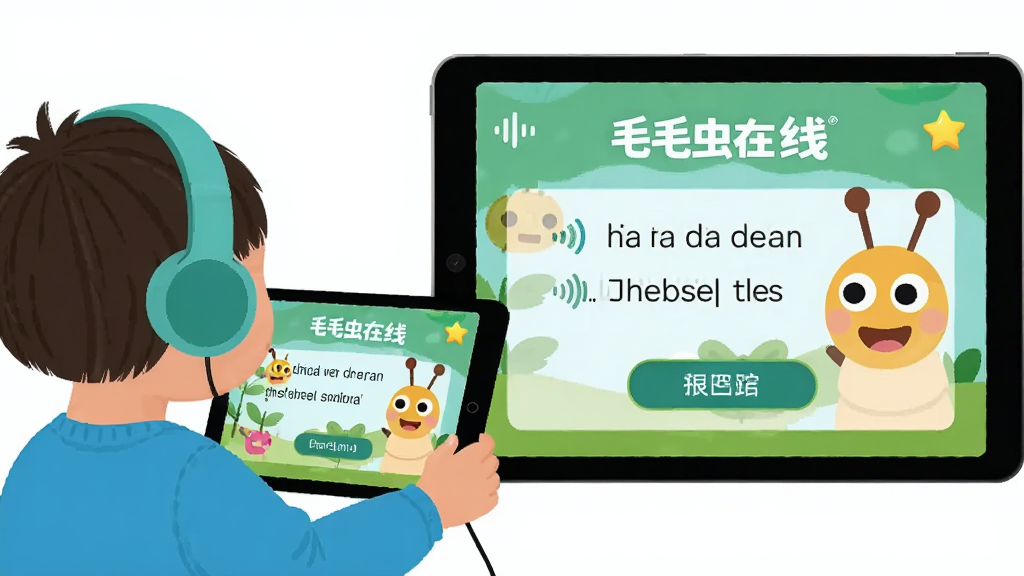 一个小孩戴着耳机坐在平板电脑前跟读英语绘本,屏幕中显示
